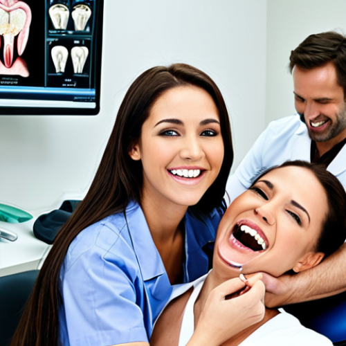 Home 25 **Efficient Dental Clinic:** A well-organized dental clinic with dentists and assistants working together. Focus on the use of dental software and a happy patient.