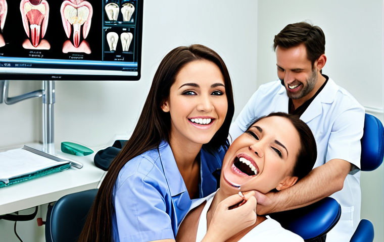 **Efficient Dental Clinic:** A well-organized dental clinic with dentists and assistants working together. Focus on the use of dental software and a happy patient.