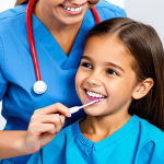 **

A friendly female dental hygienist in a fully clothed, professional uniform, demonstrating proper brushing techniques to a smiling child (age 8-10) in a bright, clean dental office. The child is also fully clothed. Safe for work, appropriate content, perfect anatomy, correct proportions, natural pose, well-formed hands, proper finger count, natural body proportions, professional, family-friendly.

**
