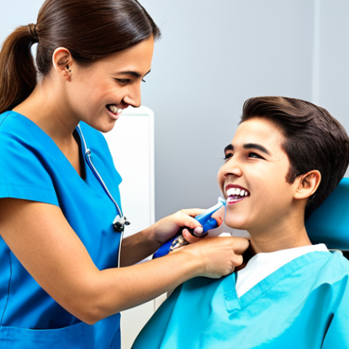 Home 23 **
A professional female dental hygienist, fully clothed in modest scrubs, demonstrating proper teeth brushing technique to a young patient in a bright, modern dental clinic. The clinic has state-of-the-art equipment visible in the background (ultrasonic scaler, digital X-ray unit). The scene is family-friendly and educational. Perfect anatomy, correct proportions, natural pose, well-formed hands, proper finger count. Safe for work, appropriate content, professional, modest. High quality, detailed.
**