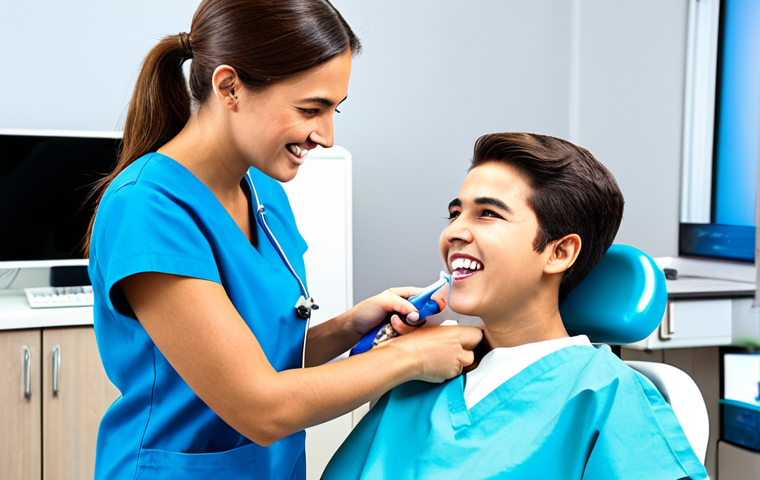 **

A professional female dental hygienist, fully clothed in modest scrubs, demonstrating proper teeth brushing technique to a young patient in a bright, modern dental clinic.  The clinic has state-of-the-art equipment visible in the background (ultrasonic scaler, digital X-ray unit).  The scene is family-friendly and educational.  Perfect anatomy, correct proportions, natural pose, well-formed hands, proper finger count.  Safe for work, appropriate content, professional, modest. High quality, detailed.

**