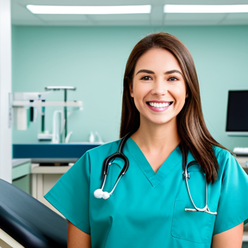 Home 9 **
"A confident and professional dental hygienist, fully clothed in modest scrubs, standing in a modern, well-lit dental clinic. She has a friendly smile and is holding a dental instrument. The background includes dental equipment and a clean examination chair. Safe for work, appropriate content, perfect anatomy, natural pose, well-formed hands, proper finger count, professional, family-friendly, high quality."
**