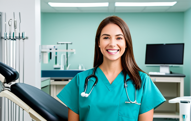 **

"A confident and professional dental hygienist, fully clothed in modest scrubs, standing in a modern, well-lit dental clinic. She has a friendly smile and is holding a dental instrument. The background includes dental equipment and a clean examination chair. Safe for work, appropriate content, perfect anatomy, natural pose, well-formed hands, proper finger count, professional, family-friendly, high quality."

**